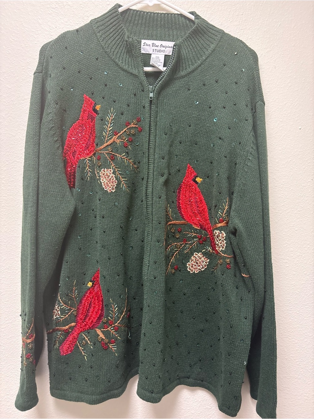 Star Blue Originals Studio Women's 2XL Green Rib-Knit Full Zip Cardinal Sweater